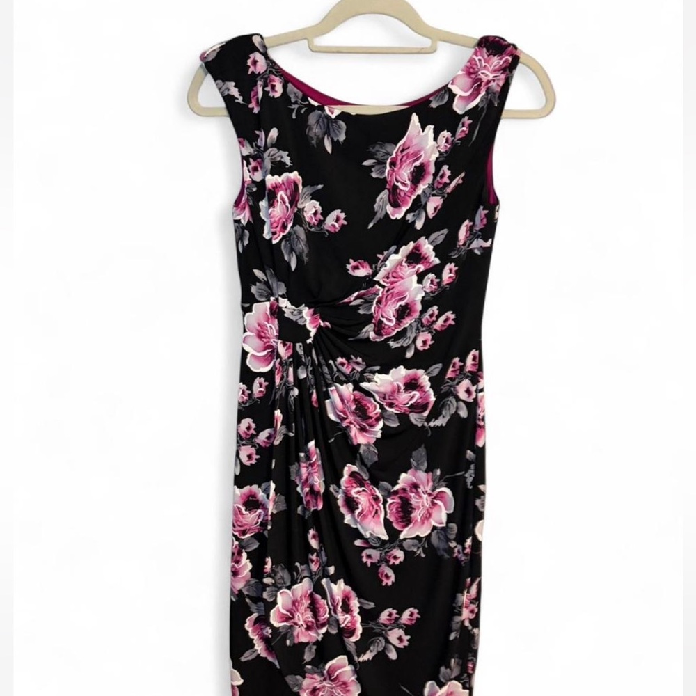 Connected Apparel Black and Pink Floral Midi Dress
